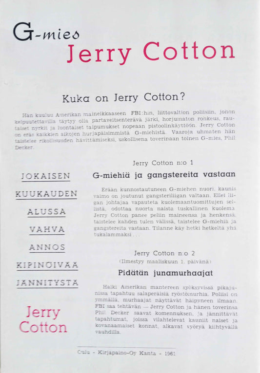 Lehti - Jerry Cotton 1/1961 - G-Miehiä ja gangstereita vastaan - Porokoru
