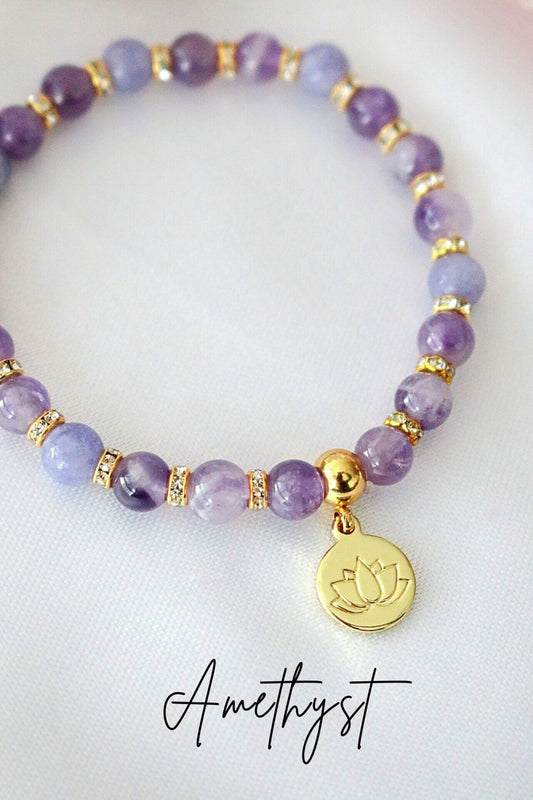Rose Quartz – Amethyst Elastic Bracelet 24K Lotus Flower Charm