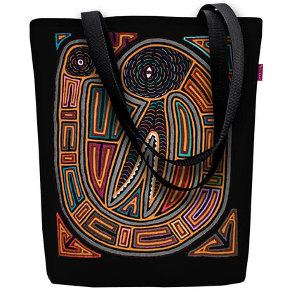 Kenia shopping bag Porokorusta. Kenia ostoslaukun pohjaväri on musta, jossa on kenia-aiheisia värikkäitä piirroksia.