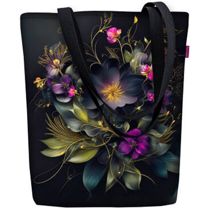 Maura on tummanpuhuva shopping bag kukkakuvioinnilla. Olkalaukussa musta pohja ja keskellä suuri kukka-asetelma lehtineen.