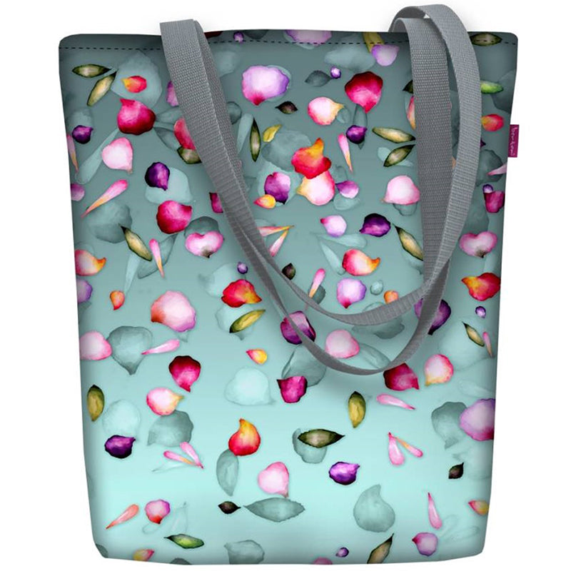 Delicate on Bertonin herkkä olkalaukku. Delicatessa vihreä häivepohja ja siinä leijuu erivärisiä lehtiä. Erikoisen näköinen shopping bag.