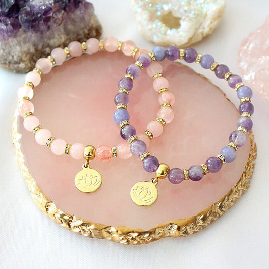 Elastinen 24-Karaatin Rannekoru Rose Quartz – Amethyst Divine Dulcet