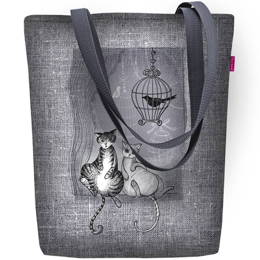 Istuvat kissat ja korppi lintuhäkissä shopperbag. www.porokoru.com