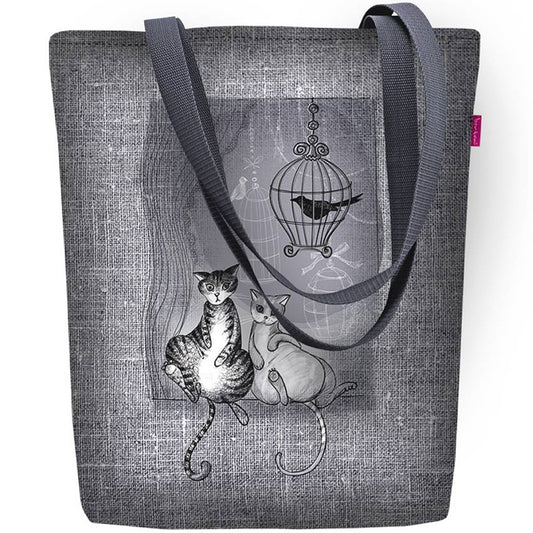 Istuvat kissat ja korppi lintuhäkissä shopperbag. www.porokoru.com