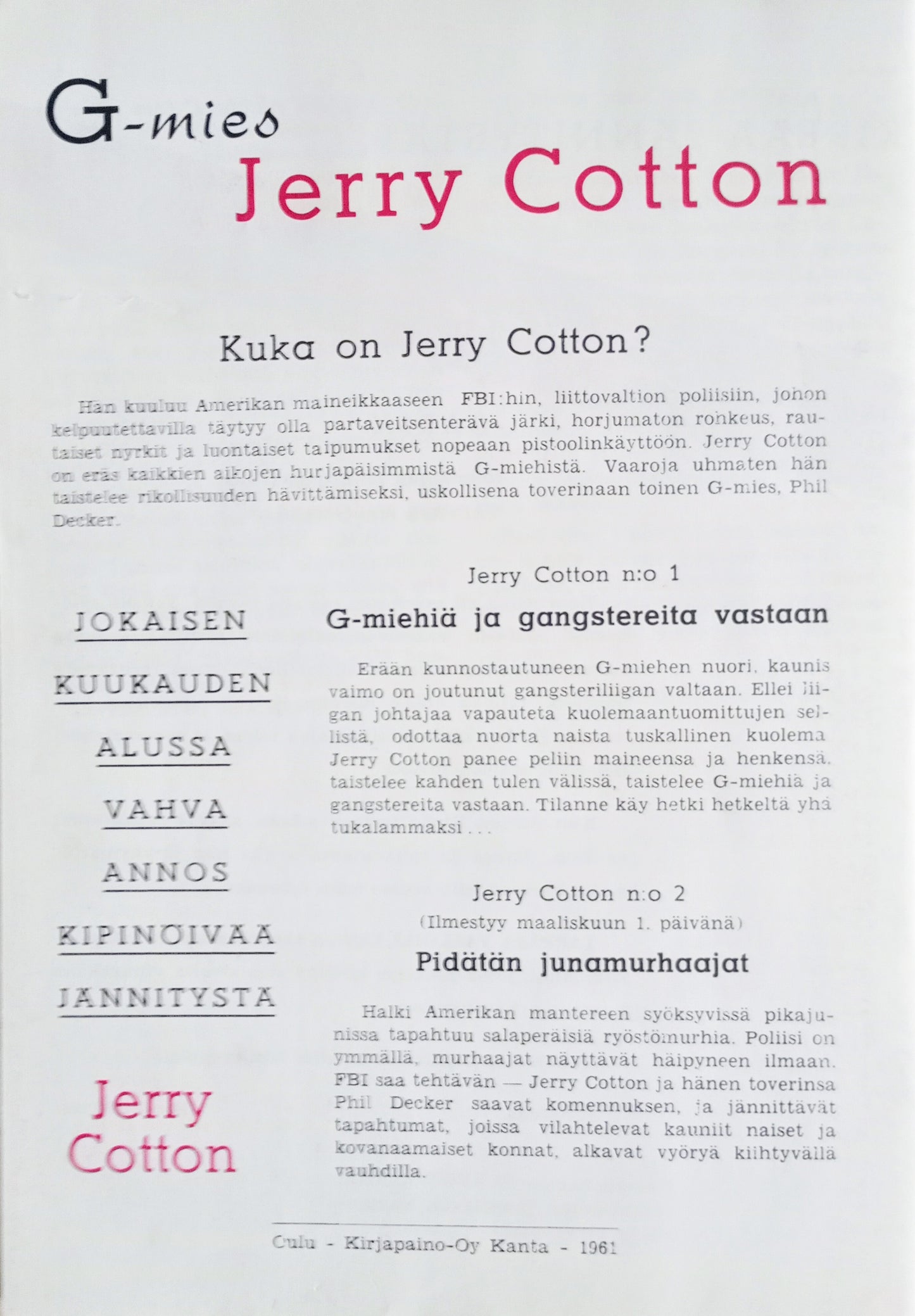 Tidskrift - Jerry Cotton 1/1961 - Mot G-Men och gangsters