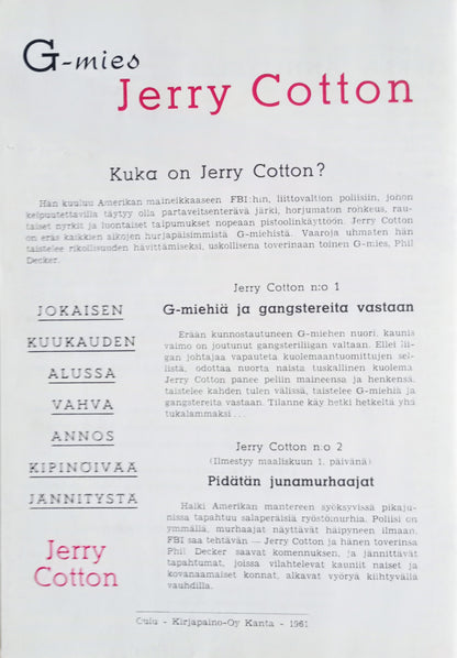 Tidskrift - Jerry Cotton 1/1961 - Mot G-Men och gangsters