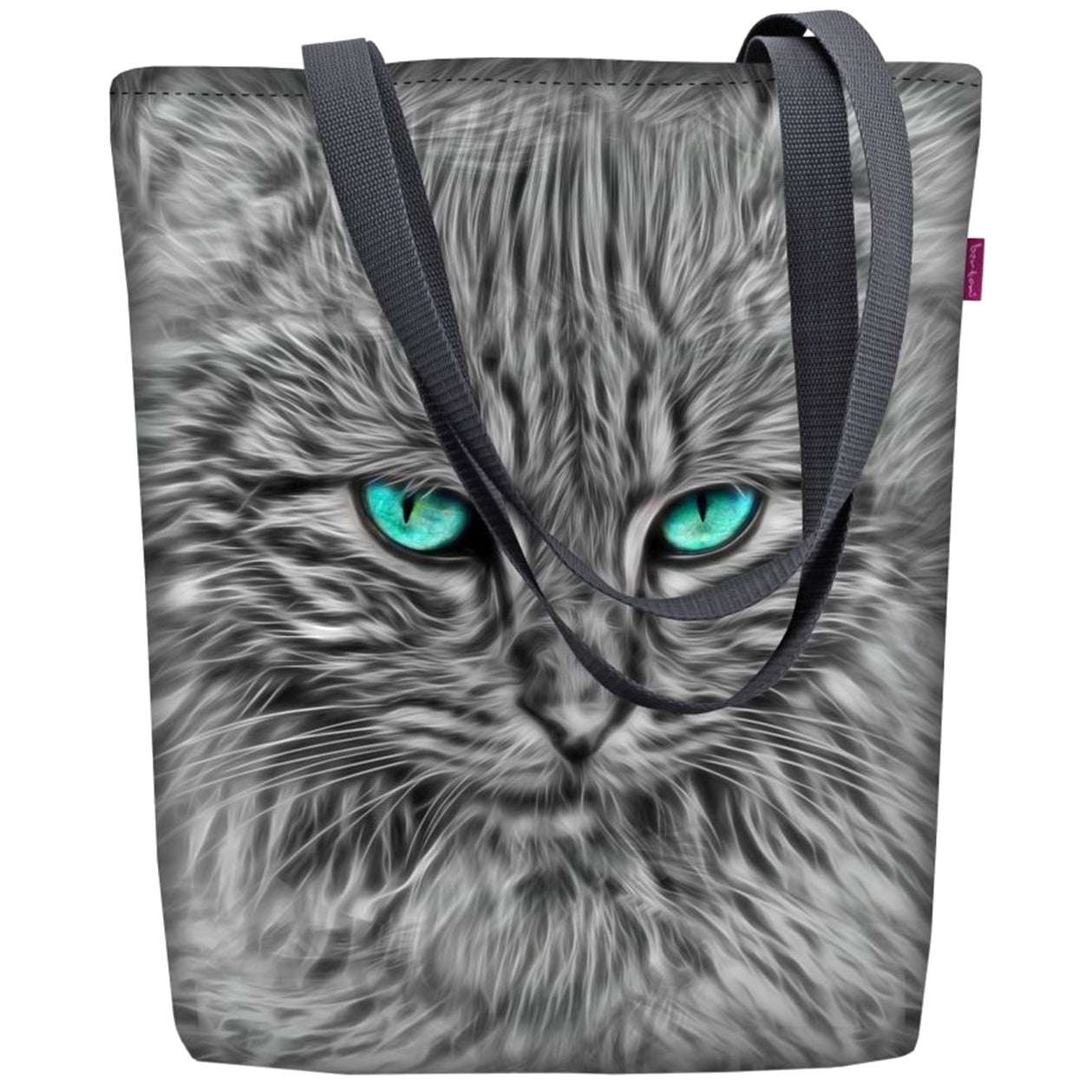 Baltazar on kissa-aiheinen ostoslaukku, jonka saa olalle. Väritys laukussa musta-valko harmaa. Koko laukun pohjaväritys on harmaata kissankarvaa.