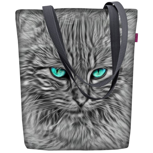 Baltazar on kissa-aiheinen ostoslaukku, jonka saa olalle. Väritys laukussa musta-valko harmaa. Koko laukun pohjaväritys on harmaata kissankarvaa.