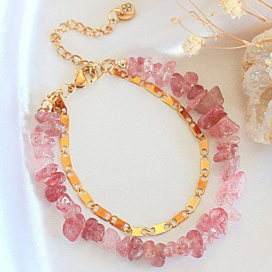 Kaksikerroksinen 24-Karaatin Kullattu Mansikkakvartsirannekoru - Divine Dulcet