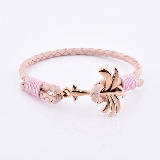 Rannekoru Palm Band Rosette Punottu Nahkaranneke - Pinkki