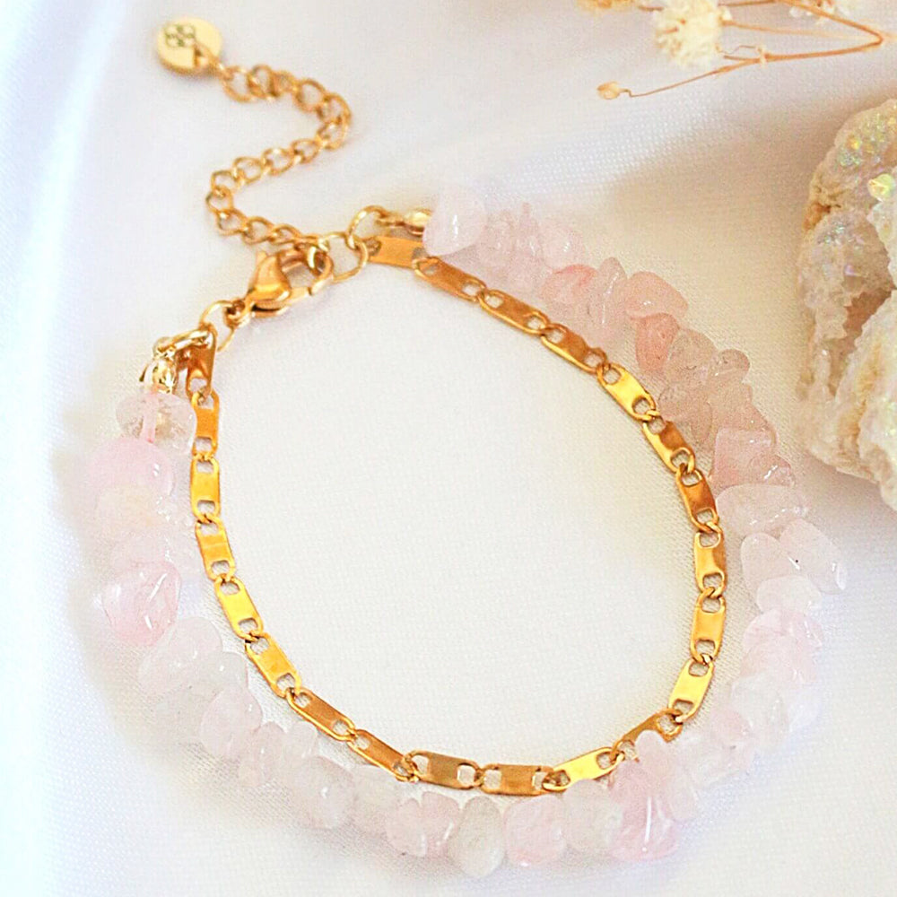 Ruusukvartsi 24k Kullattu kaksikerroksinen rannekoru www-porokoru.com