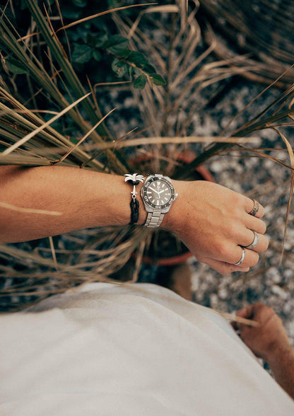 Rannekoru Palm Band Starlight Punottu Nahkaranneke - Musta