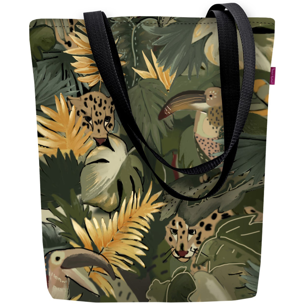 Amazonia laukun värimaailma sijoittuu beigen ja ruskean akselille. Olkalaukun kuvassa, ehkä? Kakaduja tai joku viidakon lintunen ja kaksi gepardia?