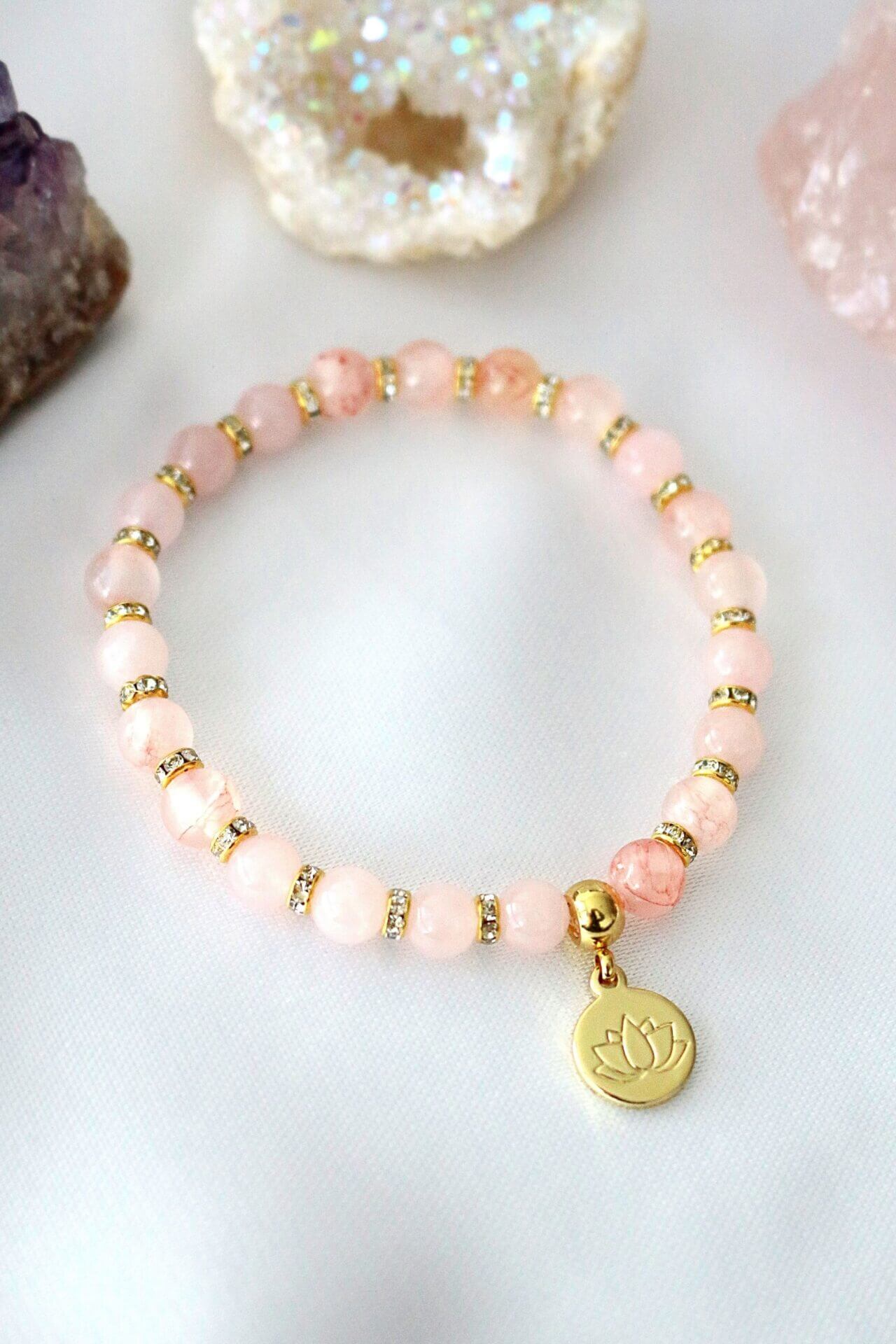 
Rose Quartz – Amethyst Elastic Bracelet 24K Lotus Flower Charm