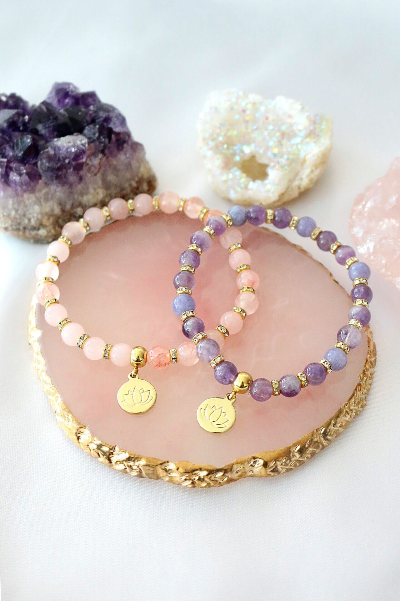 
Rose Quartz – Amethyst Elastic Bracelet 24K Lotus Flower Charm