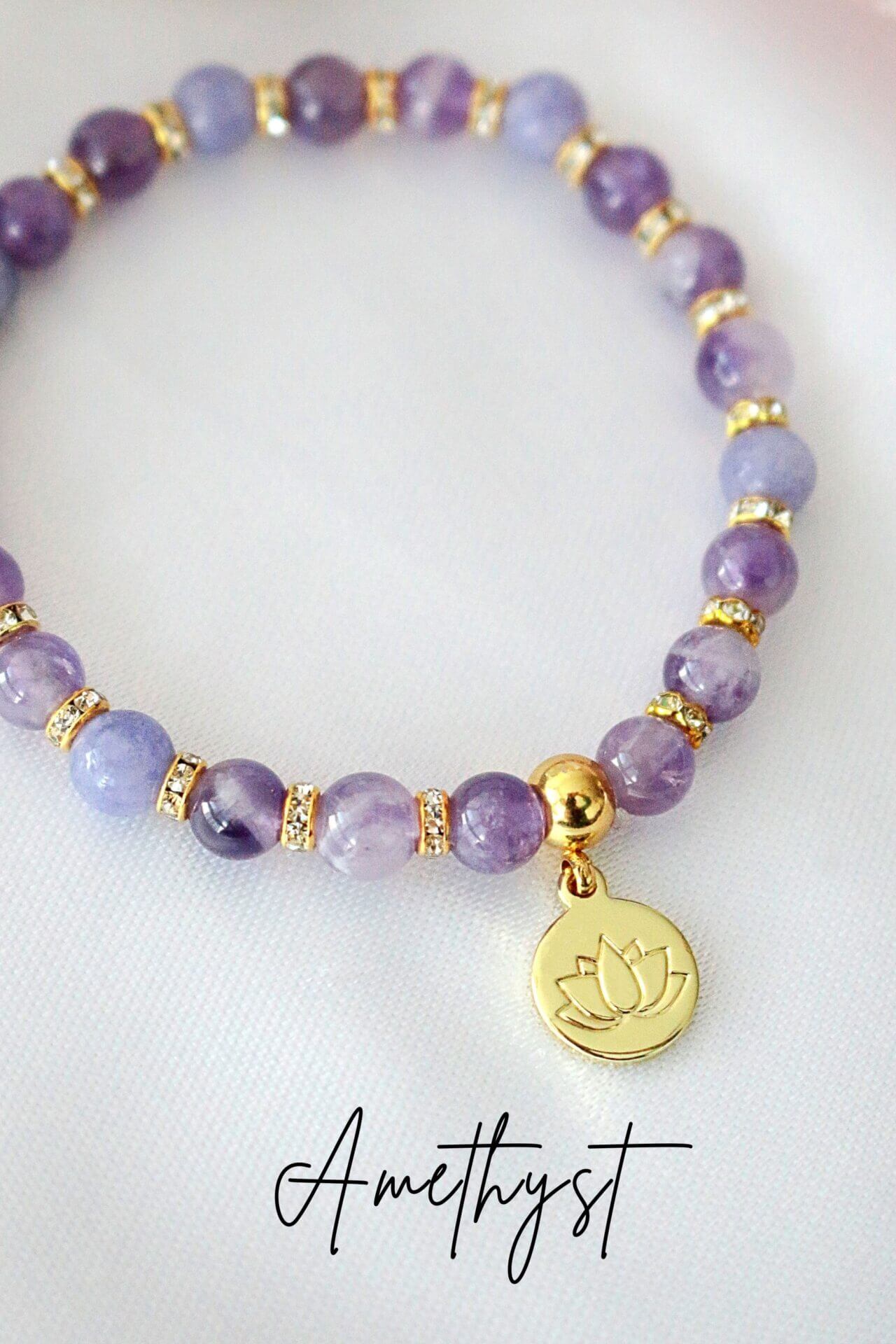 
Rose Quartz – Amethyst Elastic Bracelet 24K Lotus Flower Charm
