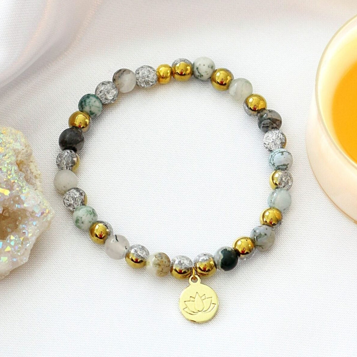 Elastinen 24-Karaatin Rannekoru Mossy Agate Divine Dulcet