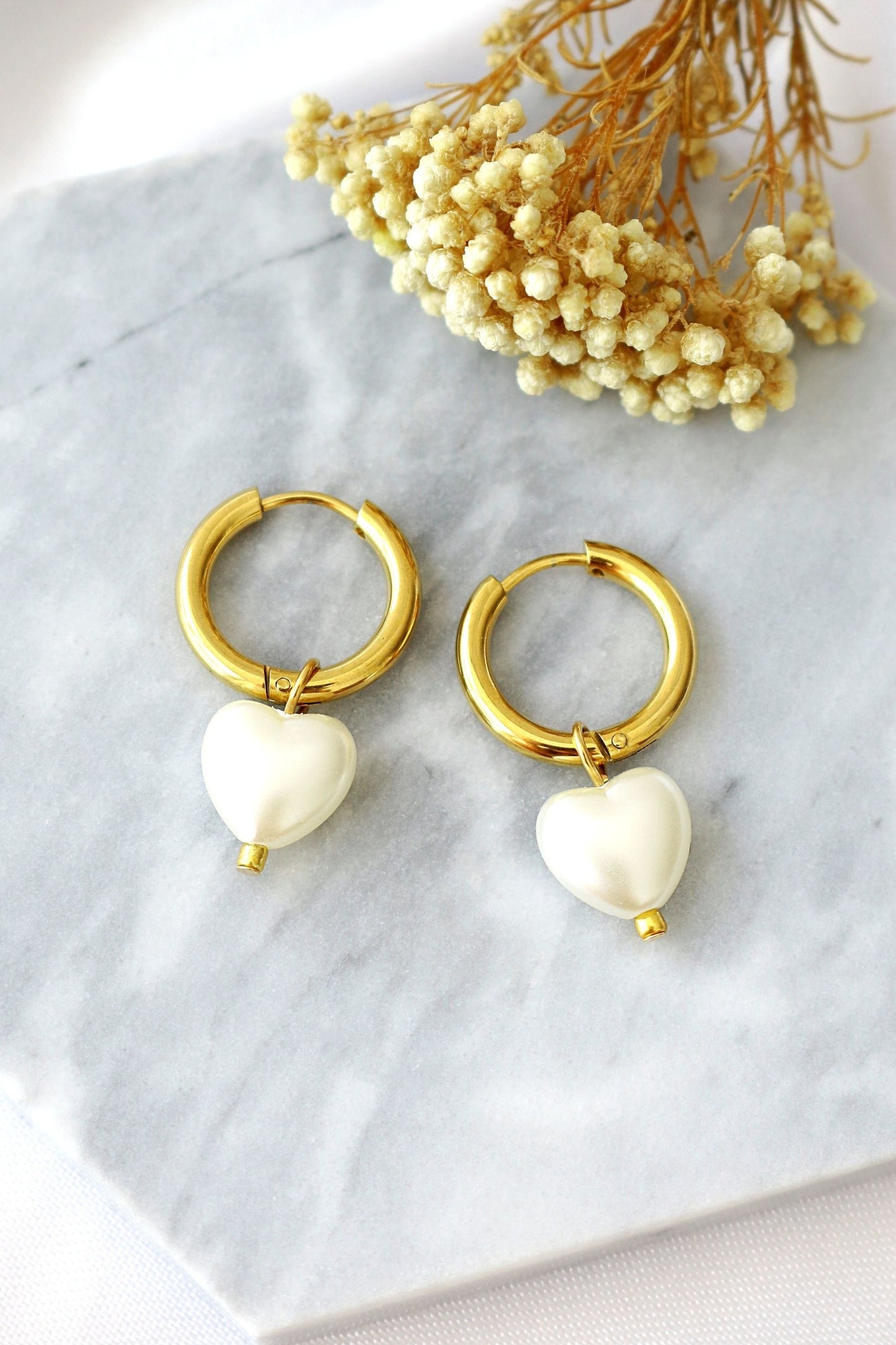 24-Carat Gold Plated Dangle Pearl Heart Earrings - Divine Dulcet